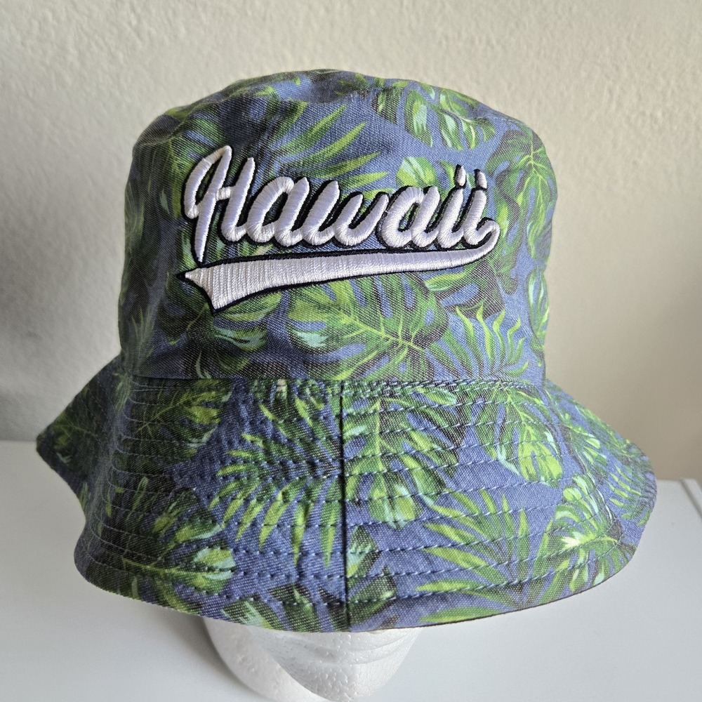 Hawaii Floral Hibiscus & Palm Print Bucket Hat Size S/M 🌴 Blue Black Reversible